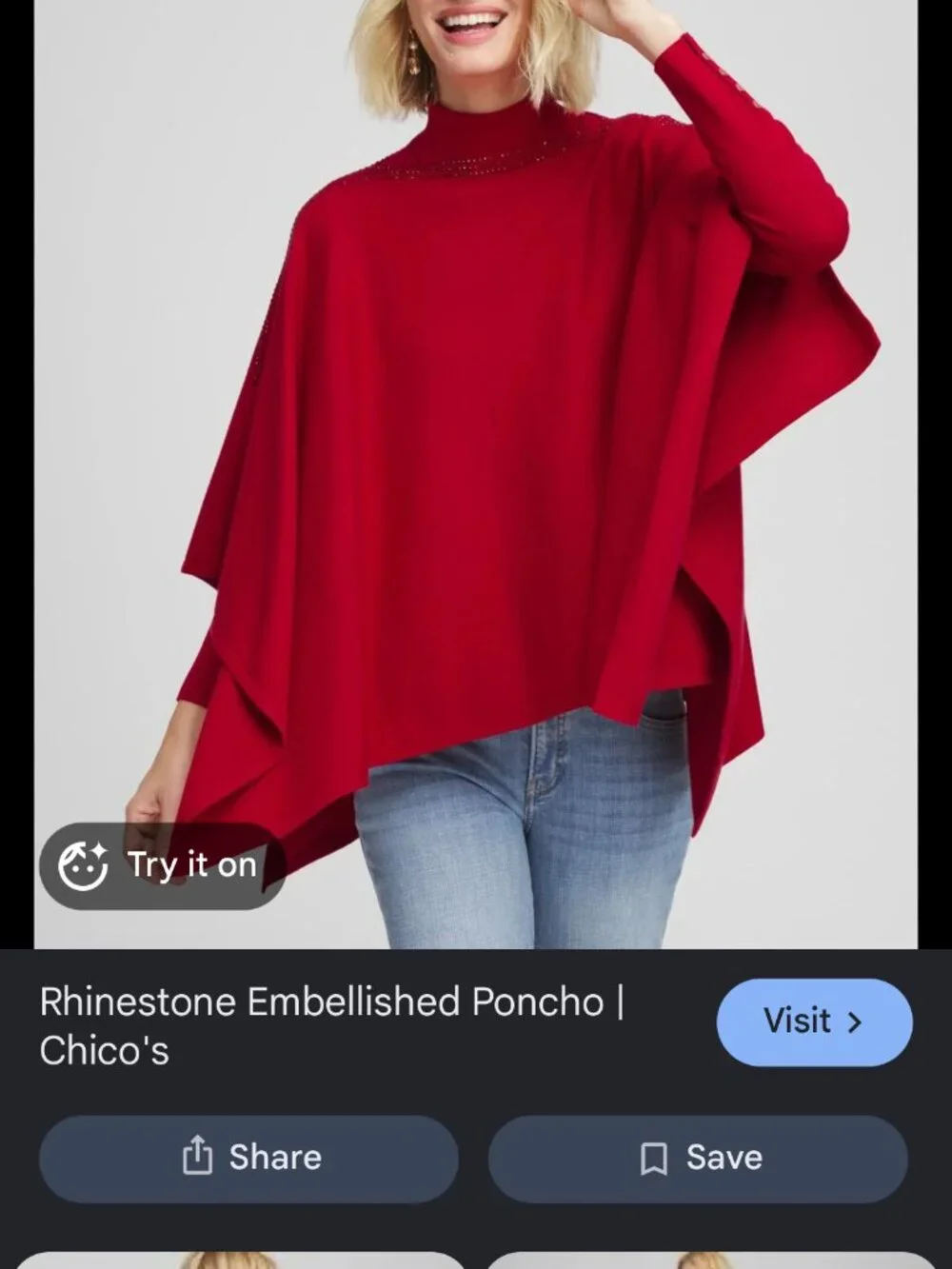 new CHICO'S rhinestone embellished cashmere blend sweater poncho one size
